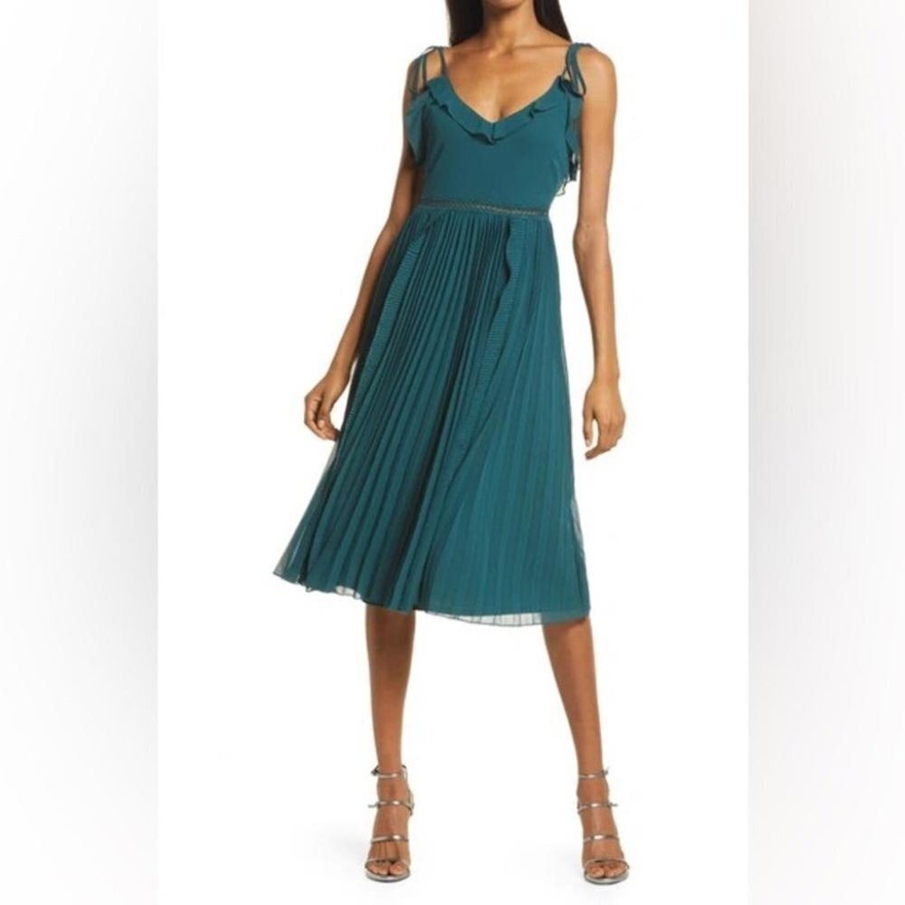 Teal Pleated Midi Dress with Tie Straps